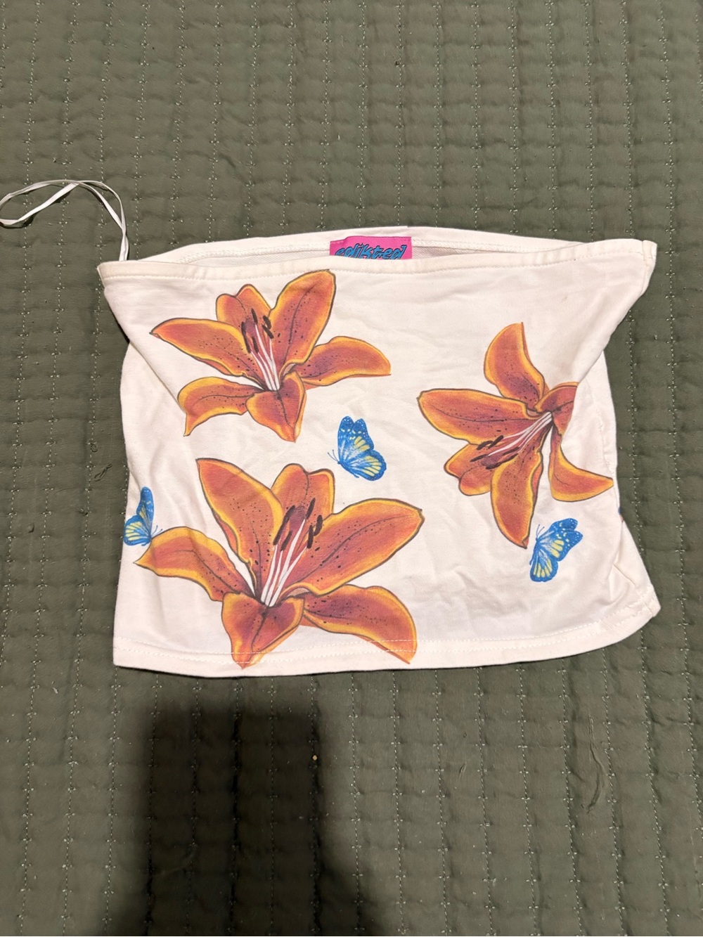 Edikted White Tube Top with Orange Lily & Blue Butterfly Print